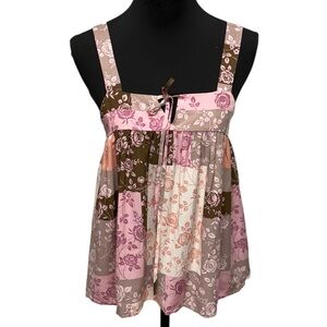 ANDREE BY UNIT Pink and Brown Tiered Smocked Tank Top. Summer Vaca Resort